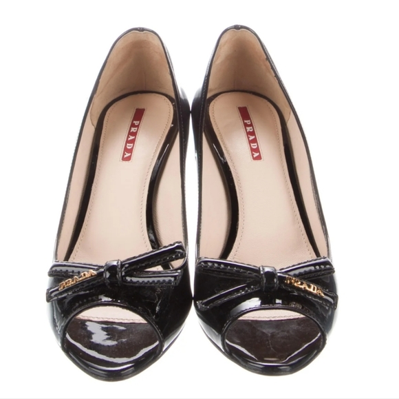 Prada Bow Logo Black Patent Leather Peep Toe Wedge Pumps Size 37 - Picture 2 of 7